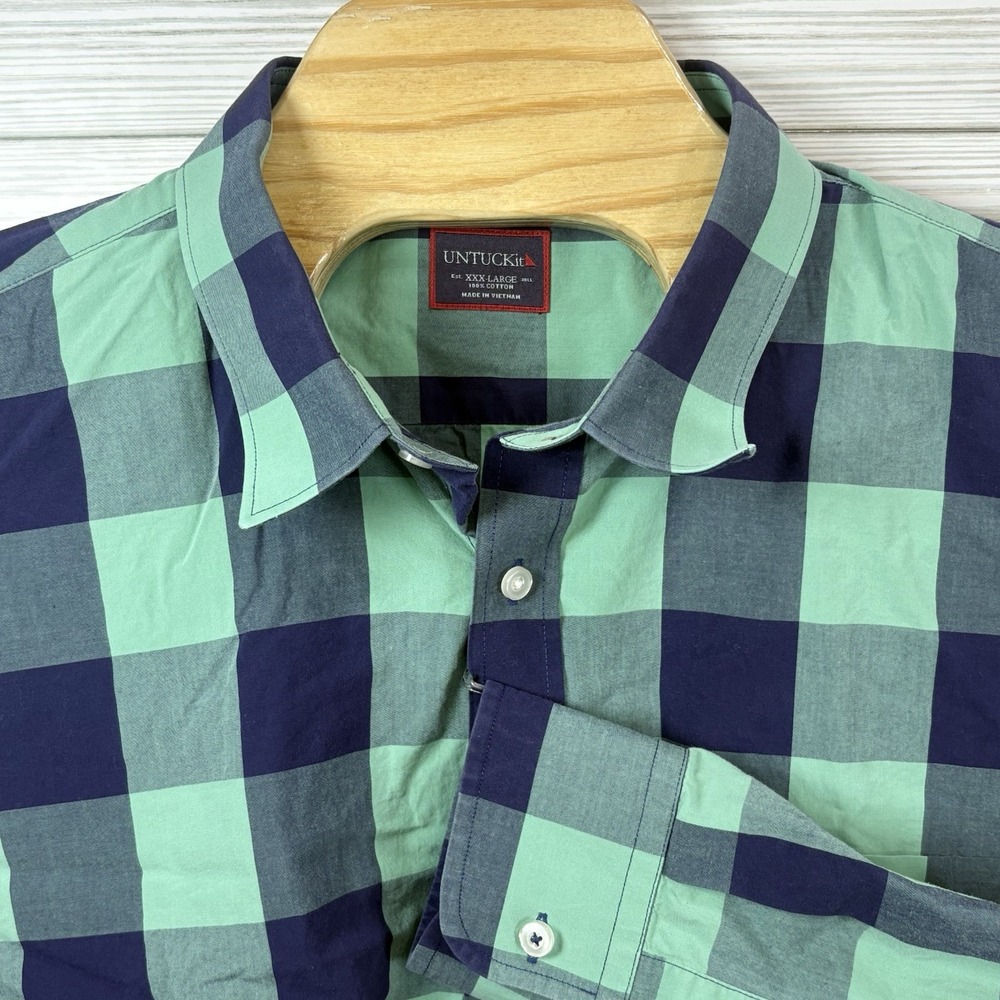 Untuckit Men's Blue Green Plaid Button Up Long Sleeve‎ Button Up in Size 3XL